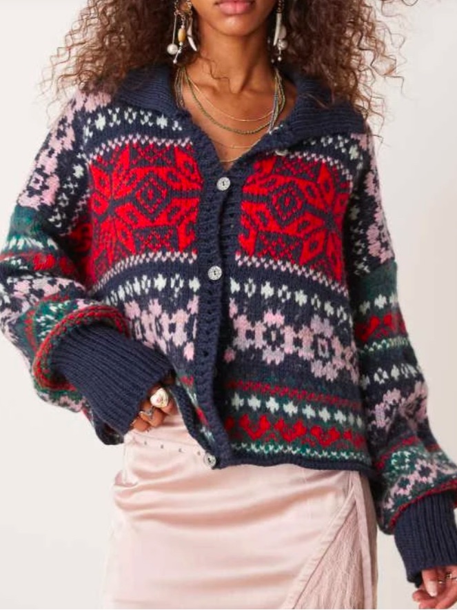 Free People Fair Isle Button-Up Cardigan In Navy, Red, Pink